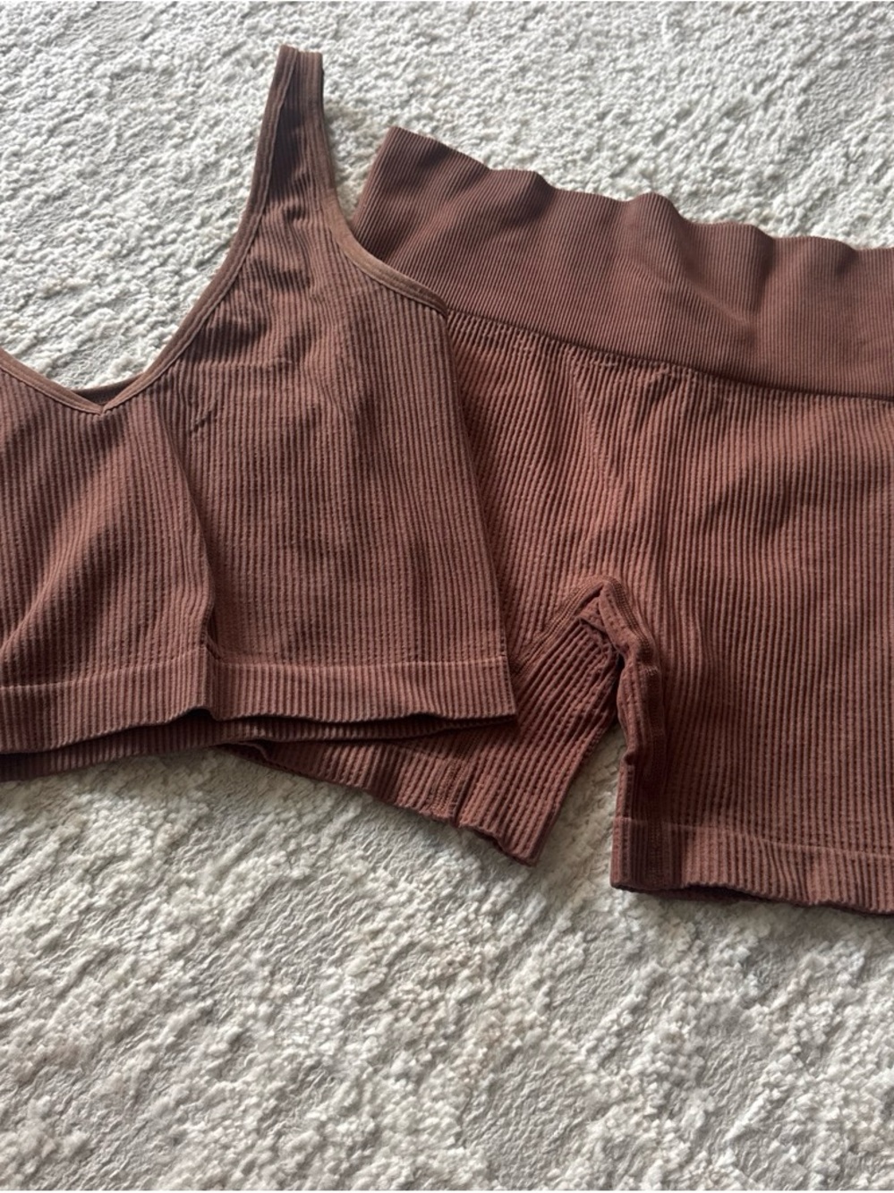 Colsie Ribbed Crop Tank and Biker Shorts Set in Brown